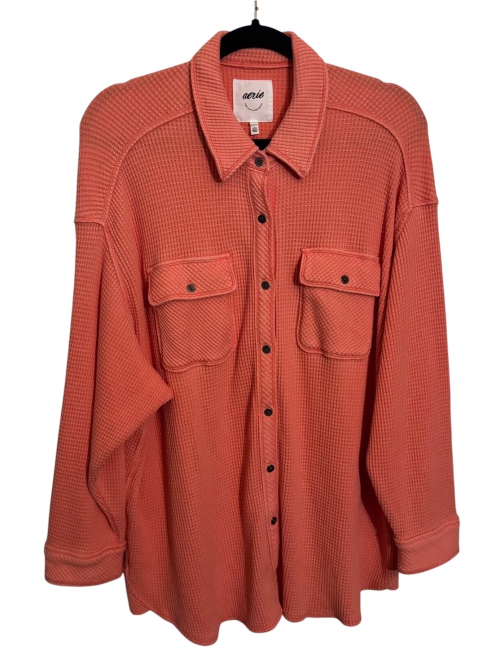 Aerie Size Medium Orange Waffle Thermal Button Up Shirt Shacket Top Boho Stretch